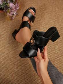 1 Pair Teenage Girls' Round Toe Peep-Toe Open Toe High Heel Sandals With Double Wide Straps And Circular Buckle, 5cm High Heel, PU Material, Comfortable And Non-Slip, Suitable For Parties, Dinners, 2025 Spring/Summer New Arrival