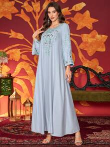 Women's Round Neck Embroidered Elegant Bubble Pearl Everyday Arabian Dress - Sky Blue - View 5