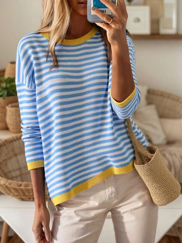 Casual Colorblock Striped Pullover Sweater, Autumn/Winter