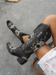 Women Western Boots With Stiching   Western    Buckle  Embroidery    Holiday - màu đen - Xem 1