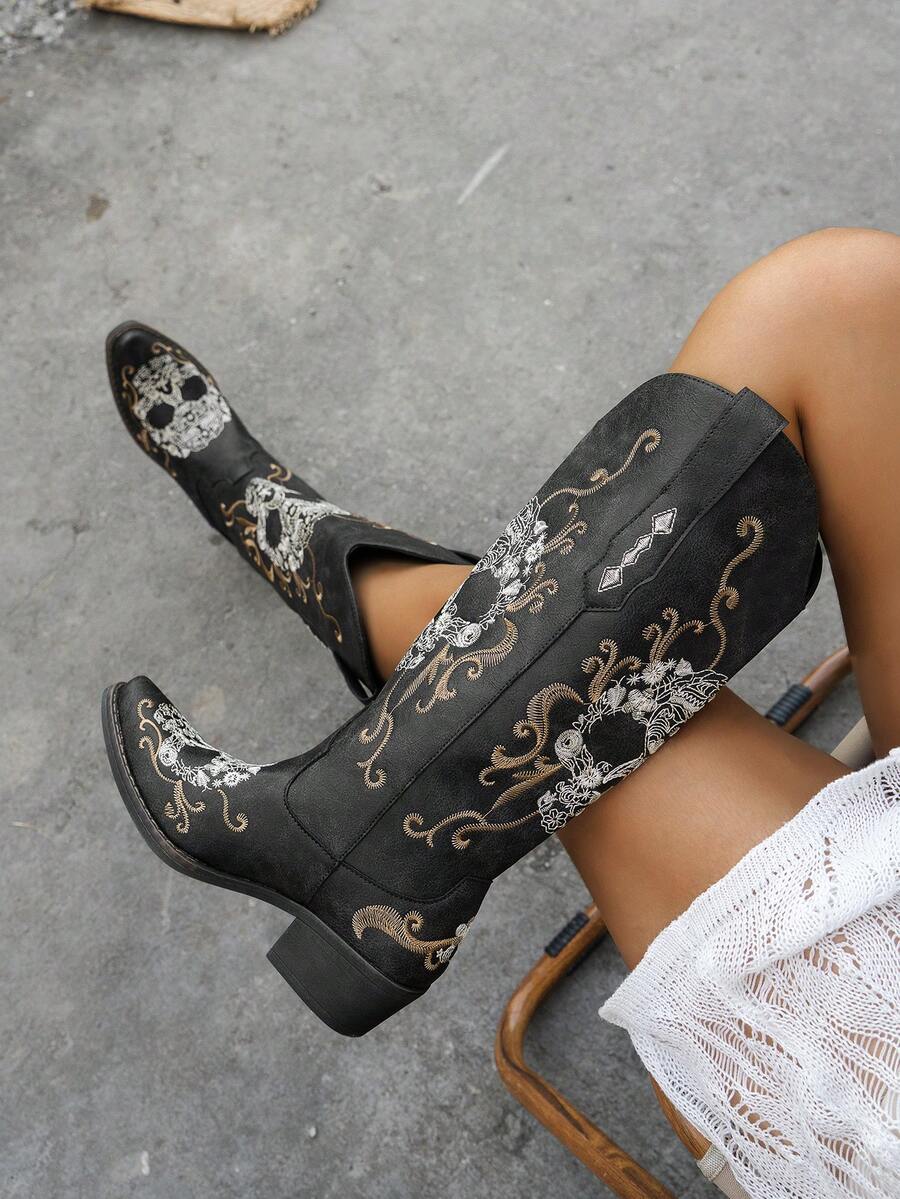 Women Western Boots With Stiching Western Buckle Embroidery Holiday - màu đen - Xem 1