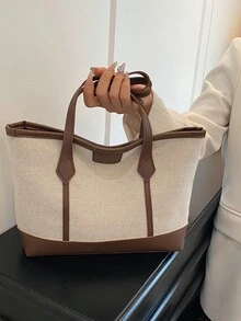 1 件棕色针织面料顺滑拉链时尚休闲拼布 2025 春夏新款小众大容量单肩托特包，适合女性日常使用 - 棕色 - 查看 10