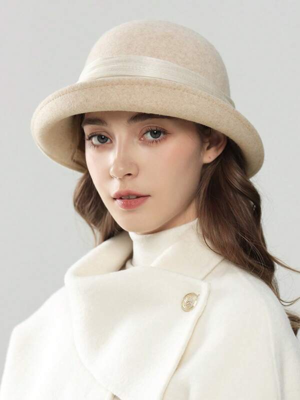 Autumn/Winter French Dome Wool Hat, Women's Silk Floral Decoration Wool Felt Hat, High-End Elegant Lady Hat, Solid Color Versatile