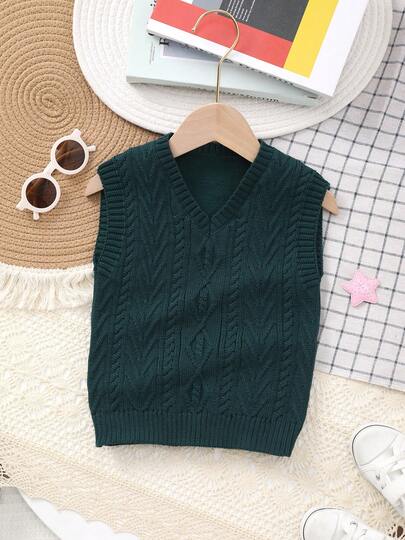Boys' Collegiate Style Solid Color Cable Knit Sweater Vest