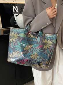 Women's Fashion Handbag, PVC Transparent Tote Bag With Camouflage Pattern, Waterproof Outdoor Casual Bag, Large Capacity Beach Bag, Casual Style, Large Capacity, Fixed Shoulder Strap, Hook & Loop Closure, Polyester Lining, Random Print Design, Suitable For Work And Commuting