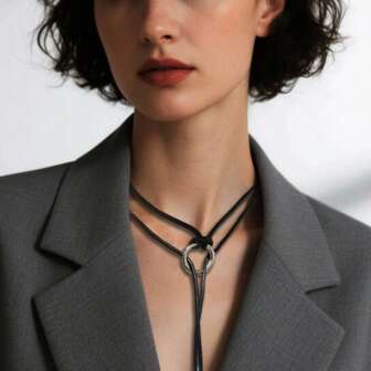 1 件波西米亚风格几何银圈朋克风格铆钉吊坠黑色皮绳项链和手链，男女通用，适合沙滩和日常佩戴