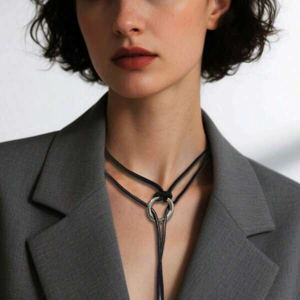 1 buc. Colier și brățară cu nituri, stil punk, cu cerc argintiu, geometric boho, cu pandantiv și șnur din piele neagră, versatil pentru bărbați și femei, pentru plajă și purtare zilnică