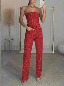 Sequin Denim Tube Crop Top Pants Set Women Sexy Solid Sleeveless Vest High Waist Zipper Jeans Fashion Street Ladies Outfits - 藍色 - 查看 6