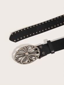 1条朋克风男士花卉交叉扣休闲复古黑色真皮腰带，适合万圣节、音乐节、日常通勤等秋冬季场合，青少年、青年、男士均可佩戴，休闲、户外、运动、度假、毕业礼物、生日礼物、日常穿着皆宜。