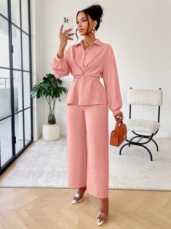 مجموعة قميص وبنطلون كاجوال بقصة ربطة العنق وتضييق الخصر، بسيطة وعملية للاستخدام اليومي والراحة المنزلية