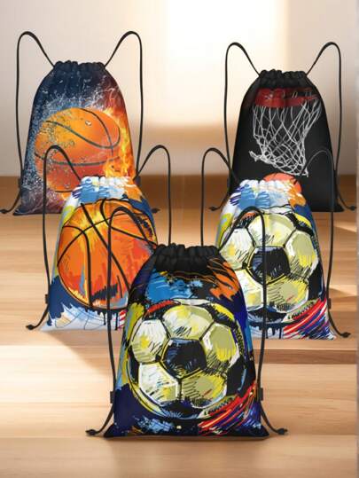Roligt mönster för barnväska med dragsko - Tonåringar Sport Gym Simma Resor Arbete Vandring Dagsäcksväska, Lättviktsväska, Söt design Basket, Fotbollstryck - Perfekt för skolan, sport, resor och leksaksförvaring