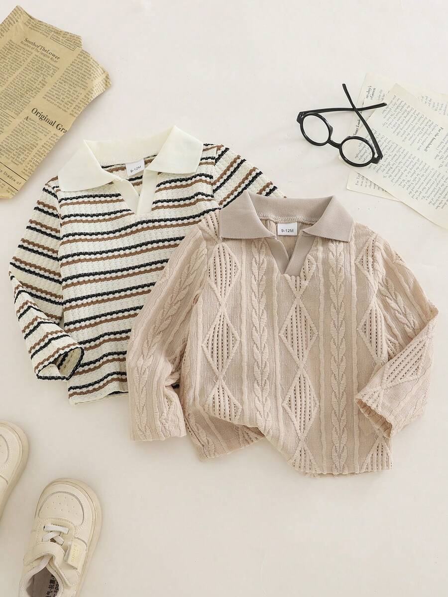 2 件男婴秋冬黑白棕条纹长袖上衣和米色长袖 Polo 领衬衫套装