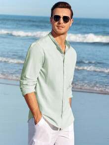 Runcati Men Linen Shirt Button Down Long Sleeve Cotton Beach Band Collar Casual Summer Shirts - 薄荷綠 - 查看 3