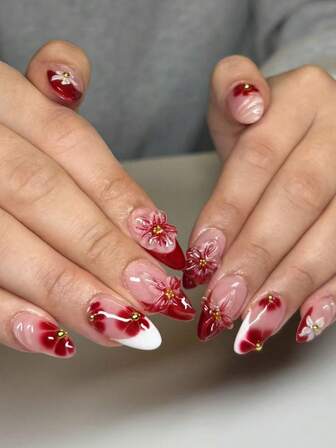 24 件杏仁 3D 凝胶花装饰金珠红色法式尖头按压指甲，完美贴合丙烯酸假指甲套装，包含 1 件果冻胶和 1 件指甲锉，适合女性和女孩 DIY 日常工作学习和派对使用指甲用品指甲