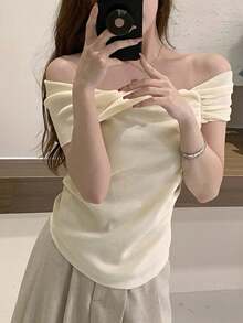 Off-Shoulder Versatile Casual Minimalist Women Knit Top - Apricot - View 2