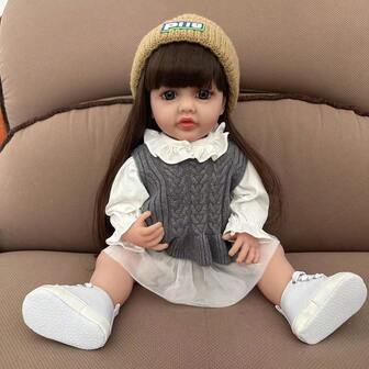 55cm Full Vinyl Long Hair Simulation Doll Realistic Reborn Dolls With Big Eyes DIY Hairstyle Companion Toy New Year's Day Gift