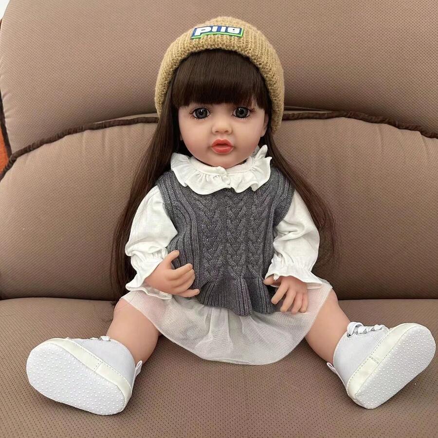 55cm Full Vinyl Long Hair Simulation Doll Realistic Reborn Dolls With Big Eyes DIY Hairstyle Companion Toy New Year's Day Gift - Light Grey - View 1