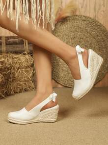 時尚獨特的根包覆式楔跟鞋，鞋面上閃爍著花朵和蝴蝶結細節，適合女性 - 白色 - 查看 4