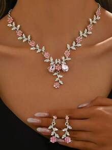 4pcs/Set Luxury Ditsy Floral Sweet Style Jewelry Set, Including Necklace, Earrings And Ring, Crystal Teardrop Design, Ideal For Party, Date, Gift And Casual Wear