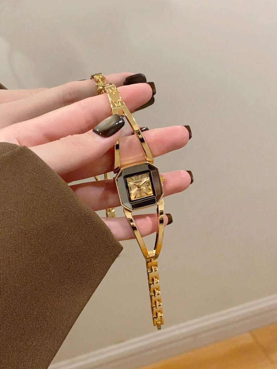 1件优雅手镯式腕表，金色表盘，小巧耐用，时尚方形表盘，送给她的迷人礼物，适合日常佩戴和特殊场合。 - 金色 - 查看 1