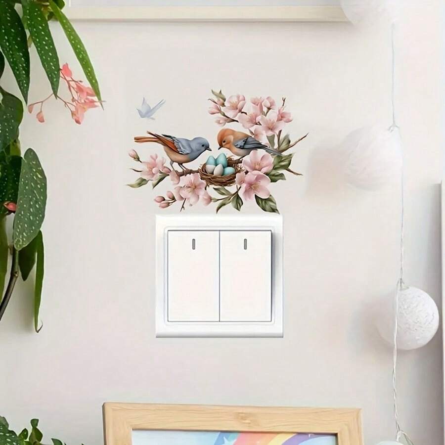 创意鸟巢、鸟妈妈和宝宝开关贴、可爱熊猫拿着雨伞开关墙贴，适用于酒店、家庭、办公室、客厅、卧室，可移除 PVC 墙贴 - 彩色 - 查看 1