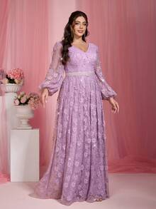Elisanya Anpoket Romantic Plus Size Purple Prom Dress With Bishop Sleeves Deep V Neck And Pearl Details