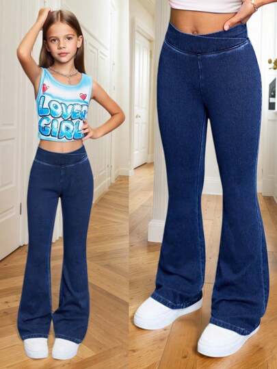 Pantalones acampanados azules casuales para niña, de ajuste ceñido, no vaqueros, ligeros y transpirables, uso versátil diario