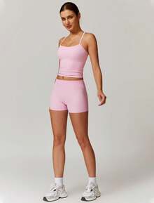 Two Piece Workout Sets Women Top Matching High Waist Lifting Shorts Gym Wear Outfits - 撞色粉紅色 - 查看 6