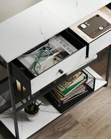 Table d'Entrée Étroite, avec 2 Tiroirs en Tissu, Meuble Console, Bout de Canapé sur 3 Niveaux, 24 x 76 x 80 cm, pour Entrée, Salon, Blanc Marbré et Noir d'encre - Blanc - Voir 3