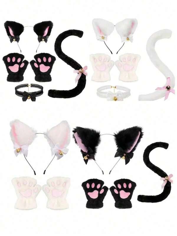 Cat Cosplay Costume - 2/3/4Pcs Cat Ear And Tail Set With Collar Paws GlovesCat Cosplay Costume Accessories Kitten EarsColla Tail R FPaws Or Women Girl Halloween Dress Up