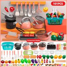 儿童厨房玩具套装，适合男孩和女孩，包含烹饪、翻炒、切菜等厨房用具，以及音乐仿真餐具。