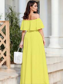Vestido Largo de Escote Recto y de Hombros Descubiertos con Volantes, y Bajo con Abertura Lateral Elegante para Mujer - Amarillo - Ver 4
