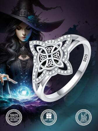 1pc S925 Sterling Silver Gothic Celtic Witch Knot Ring, Zirconia Witch Rune Pattern, Versatile Daily Wear, Eye-Catching Party Accessory, Faith Ring, Lucky Ring, Suitable For Halloween, Unisex, Birthday/Valentine's Day Gift, Comes With Gift Box