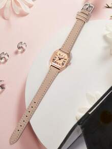 LUCKYFOX 1 件盒装石英表，优雅方形表盘设计，轻盈奢华，适合少女、学生、日常佩戴、返校 - 杏色 - 查看 3