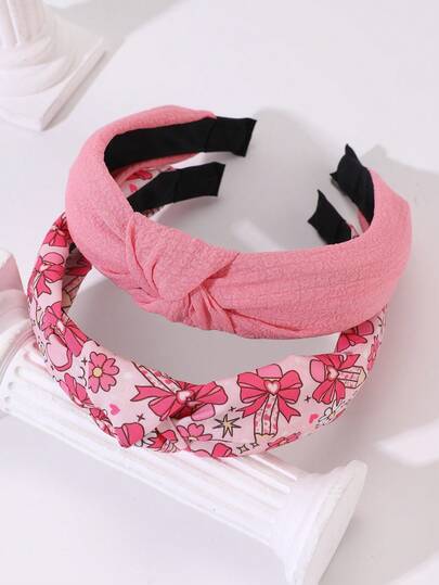 2pcs Women's Fashion Floral, Heart & Bow Headband, Pencil Print, Suitable For Daily Wear, Spring/Summer, Party & Gathering