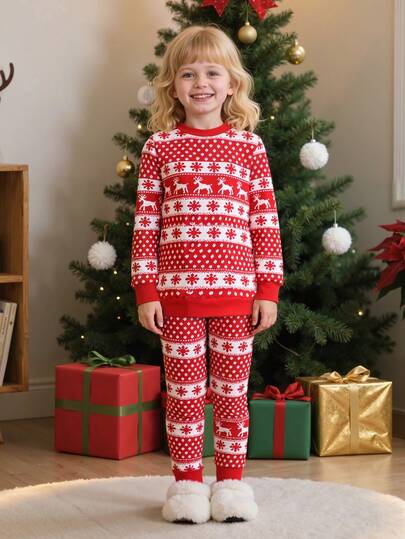 Christmas Girls Printed Crew Neck Long Sleeve Sweatshirt + Printed Pants 2-Piece Set, Autumn/Winter