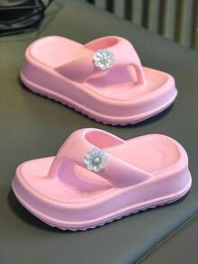 HAHABOBO 女童粉色花朵人字拖，时尚厚底凉鞋，适合夏季室内外穿着，可爱珍珠花朵装饰沙滩鞋 - 粉色 - 查看 2