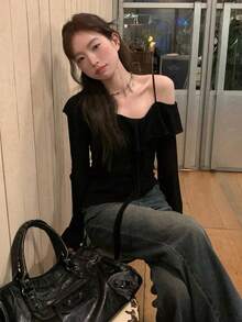 女式纯色长袖T恤，性感别致上衣 - 黑色 - 查看 3