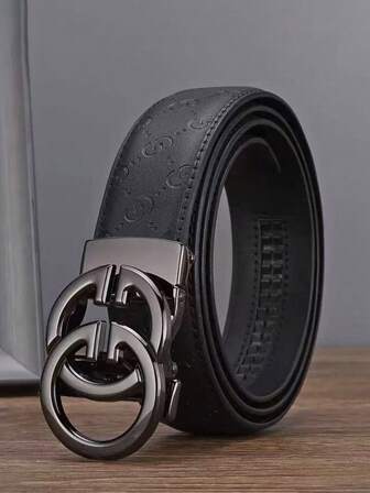 حزام جلد رجالي بإبزيم مزدوج G، جلد طبيعي مطبوع، بتصميم كاجوال عصري للشباب