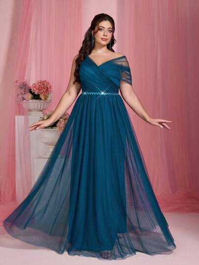 Vestido de dama de honor asimétrico de un hombro elegante con lentejuelas y talla grande, con cinturón, superposición, malla, vestido tipo "A" para graduación, boda, invitado, fiesta, invitado de boda, vestido de noche