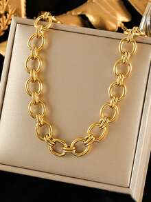 RAYQUEEN 一套不锈钢时尚百搭朋克风金色项链+手链首饰套装，适合日常佩戴和节日礼物 - 金黃色 - 查看 2