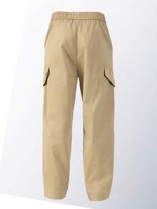 Men's Casual Cargo Pants, 100% Polyester Non-Stretch Woven Fabric, Regular Fit, With Elastic Waistband And Flap Pocket, Outdoor Utility Pants - Khaki - View 3