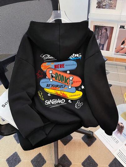 Tween Boy Casual Simple Skateboard Pattern Sporty Style Hoodie Boys Long Sleeve Hooded Sweatshirt Autumn And Winter Student Boys Clothing