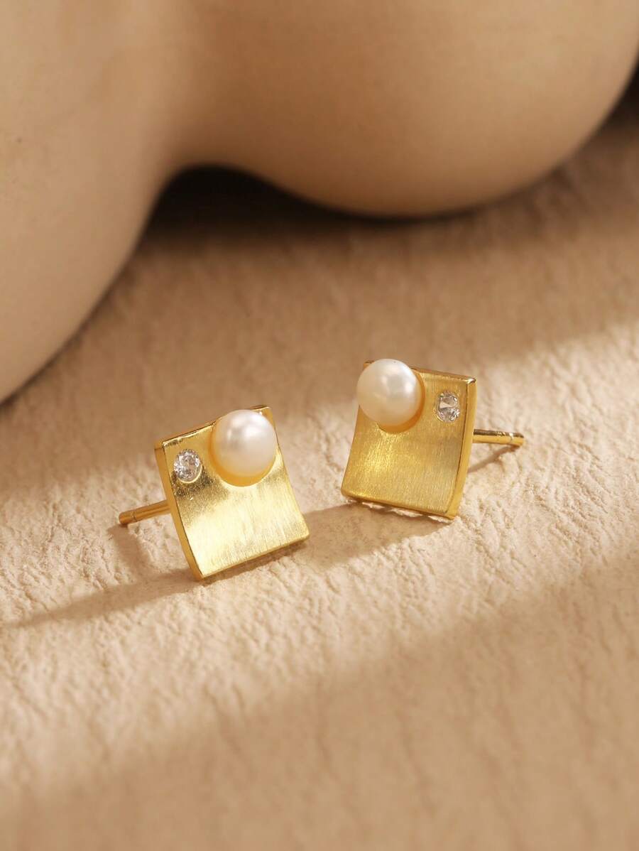 1 Pair S925 Sterling Silver Earrings With Natural Freshwater Pearl And Diamond, Minimalist Design, Suitable For Daily Wear, Elegant Gift For Mother, Girlfriend - Gold - View 1