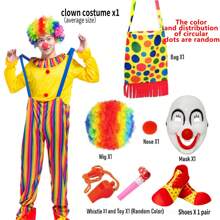 Décoration de Noël, 8 pièces/set Costume de clown pour adultes. Comprend le costume de clown, la perruque, le nez, le masque, le sac de clown, les chaussures et les accessoires de cirque. Costume de carnaval et de fête de cirque pour jouer le rôle de clown mignon et amusant.