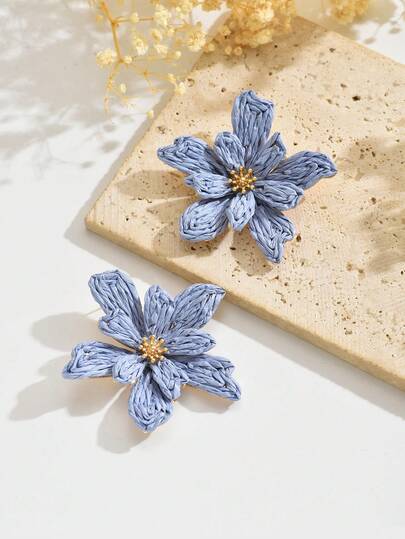 1对波西米亚风百搭拉菲草编织彩色DIY手工3D五瓣花耳环，时尚简约拉菲草编织绿色花朵耳环，适合女性日常、度假、派对佩戴（手工制作，可能略有胶水残留，编织图案随机）