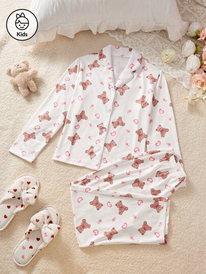 Conjunto de pijama de manga comprida com calça e estampa de coração para meninas pré-adolescentes, 2 peças, pequeno urso, elegante, moda para casa