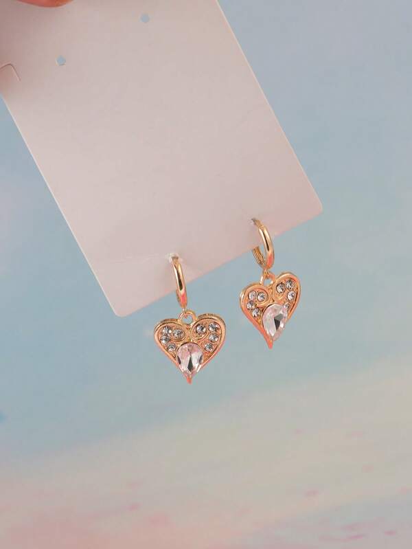 1 paire de boucles d'oreilles en forme de cœur avec strass, boucles d'oreilles polyvalentes haut de gamme, boucles d'oreilles en forme de cœur pour femmes