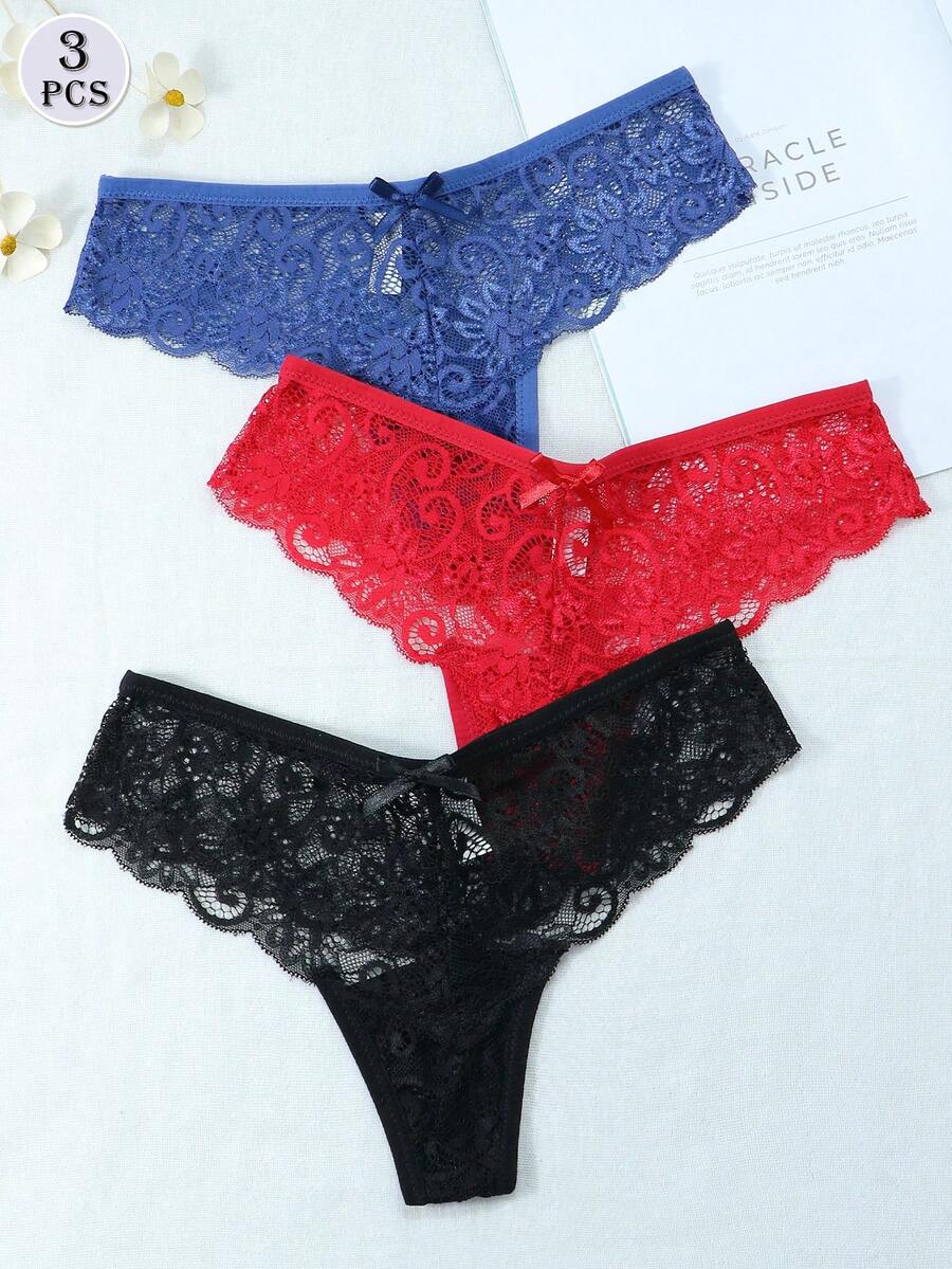 3pcs/Set Sexy Lace Thong Panties, Low Waist For Women - Multicolor - View 1