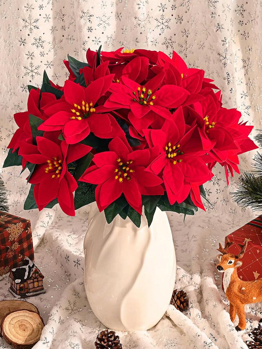 6/3 Stück künstliche Poinsettia Blumen, rote Weihnachtsblumen, künstlicher Poinsettia Strauch, künstliche Pflanzen (Farbe des Stiels zufällig), geeignet für Weihnachtsbaum Zuhause, Tischdekoration, Hochzeitsdekoration, Heimdekoration, Raumdekoration, Weihnachtsdekoration